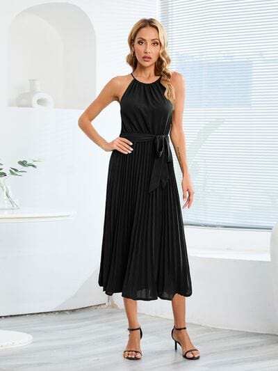 Pleated Spaghetti Strap Tie Waist Midi Dress - Trendsi - Flyclothing LLC