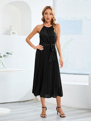 Pleated Spaghetti Strap Tie Waist Midi Dress - Trendsi
