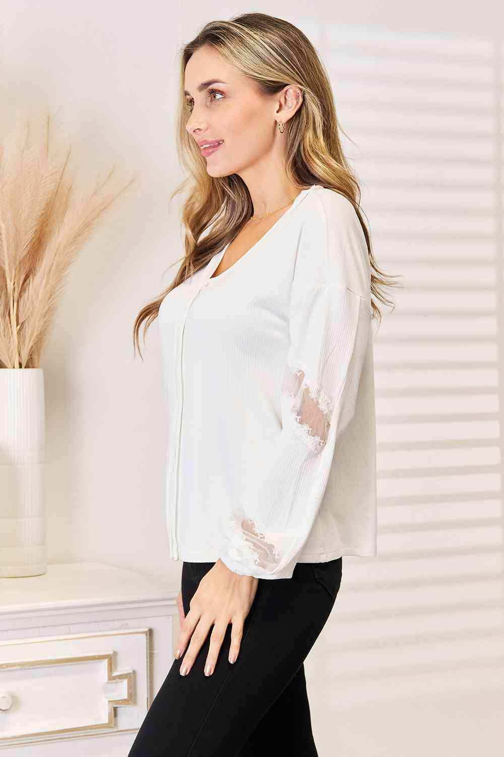 Double Take V-Neck Dropped Shoulder Blouse - Trendsi - Flyclothing LLC