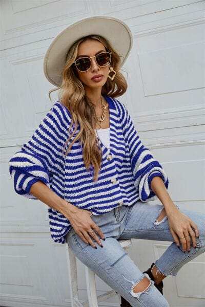 Striped Button Up Long Sleeve Cardigan - Trendsi - Flyclothing LLC