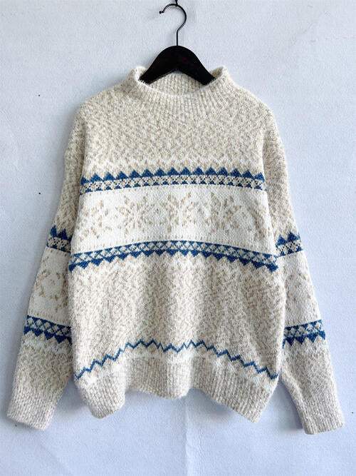 Geometric Mock Neck Dropped Shoulder Sweater - Trendsi - Flyclothing LLC