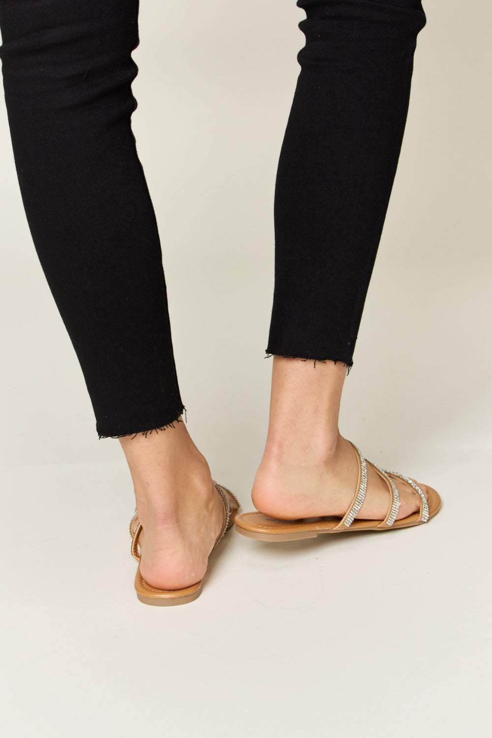 WILD DIVA Rhinestone Three-Strap Flat Sandals - Trendsi - Flyclothing LLC