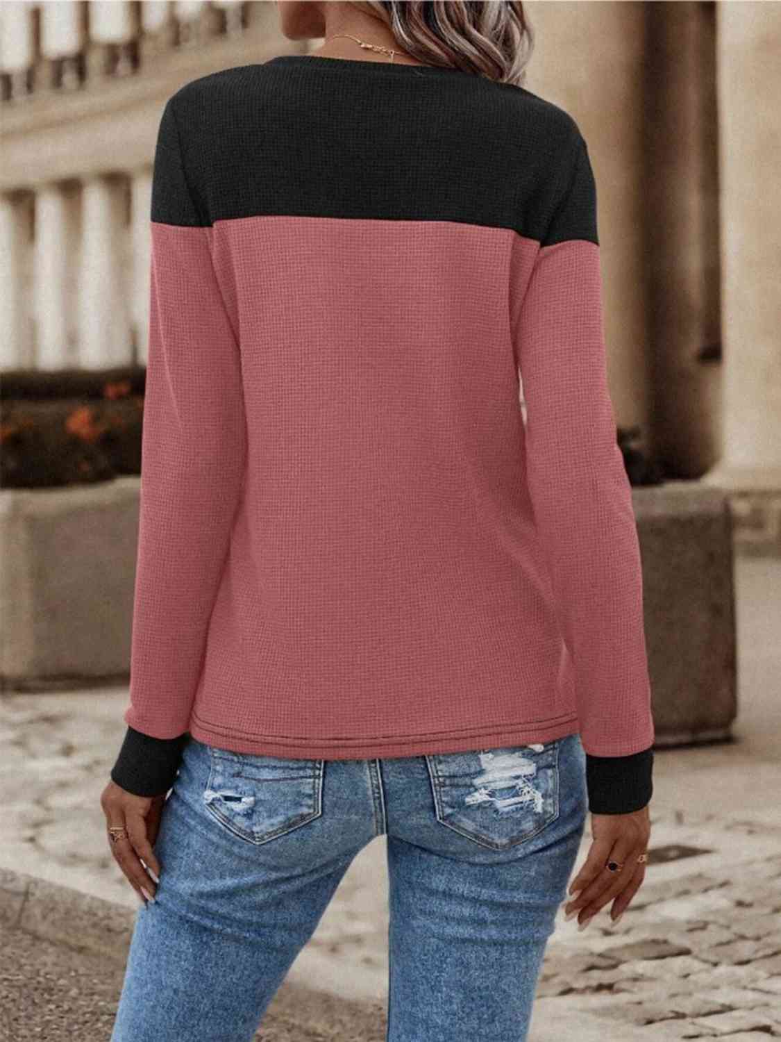 Contrast Buttoned Round Neck Long Sleeve T-Shirt - Trendsi - Flyclothing LLC
