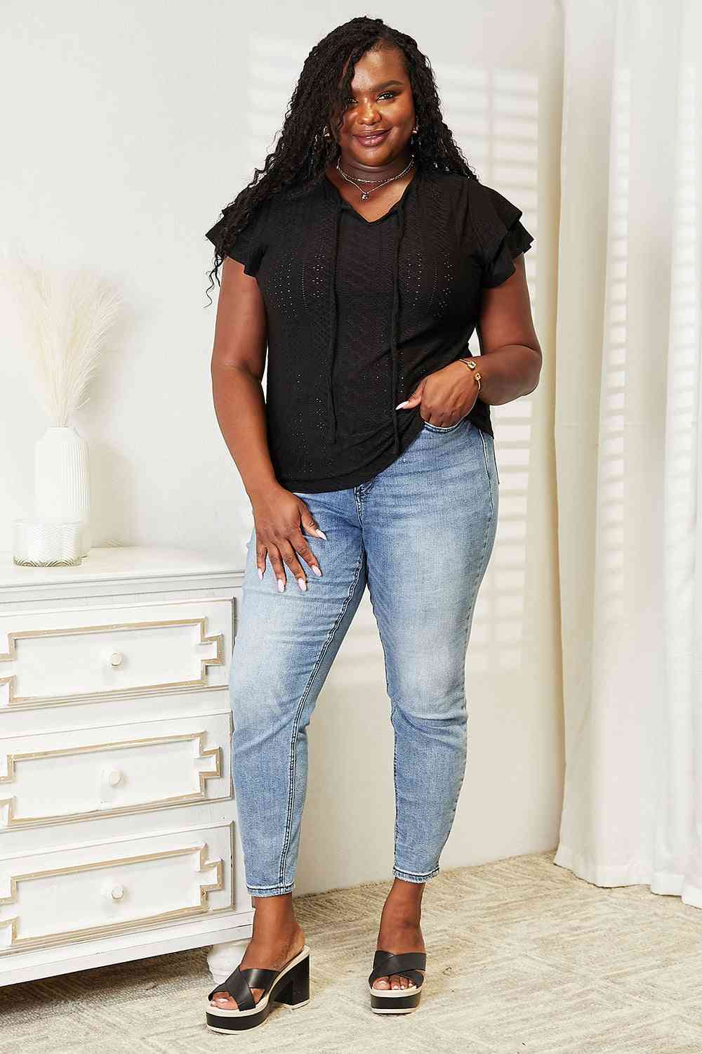 Double Take Eyelet Tie-Neck Flutter Sleeve Blouse - Trendsi - Flyclothing LLC