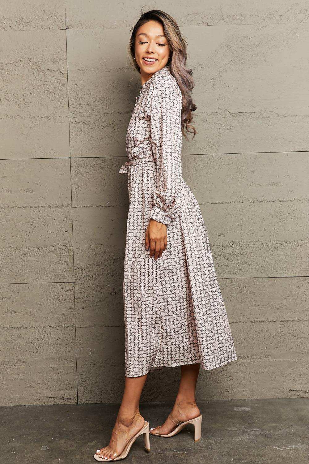 Printed Tie Waist Long Sleeve Dress - Trendsi - Flyclothing LLC