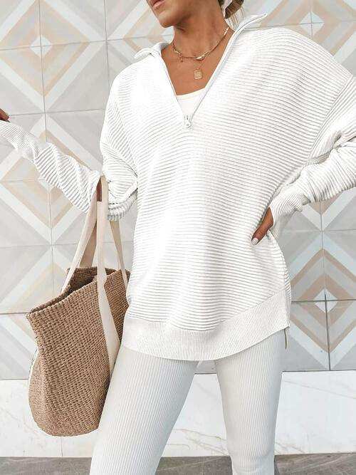 Half Zip Long Sleeve Knit Top - Trendsi - Flyclothing LLC