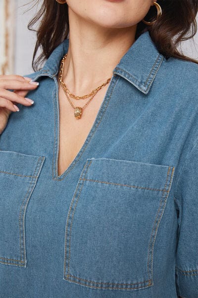 Pocketed Collared Neck Mini Denim Dress - Trendsi