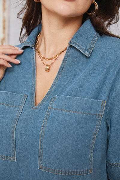 Pocketed Collared Neck Mini Denim Dress - Trendsi - Flyclothing LLC