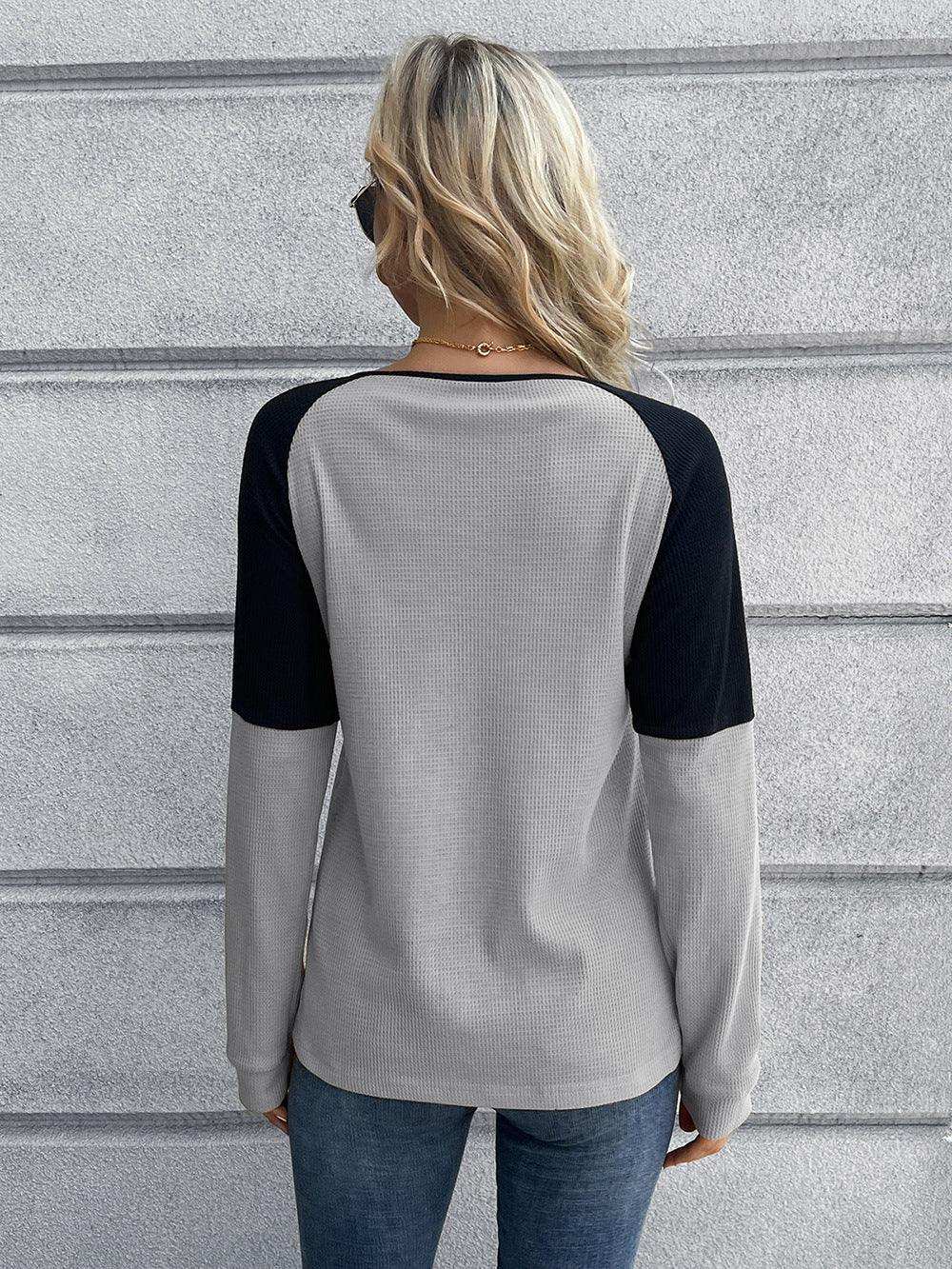 Contrast Buttoned Round Neck Raglan Sleeve Top - Trendsi - Flyclothing LLC