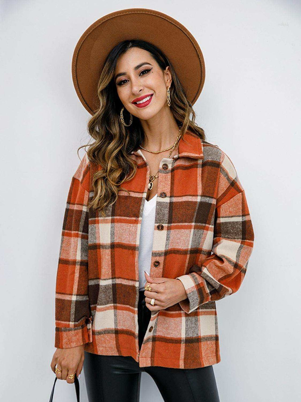 Plaid Button-Down Jacket - Trendsi - Flyclothing LLC