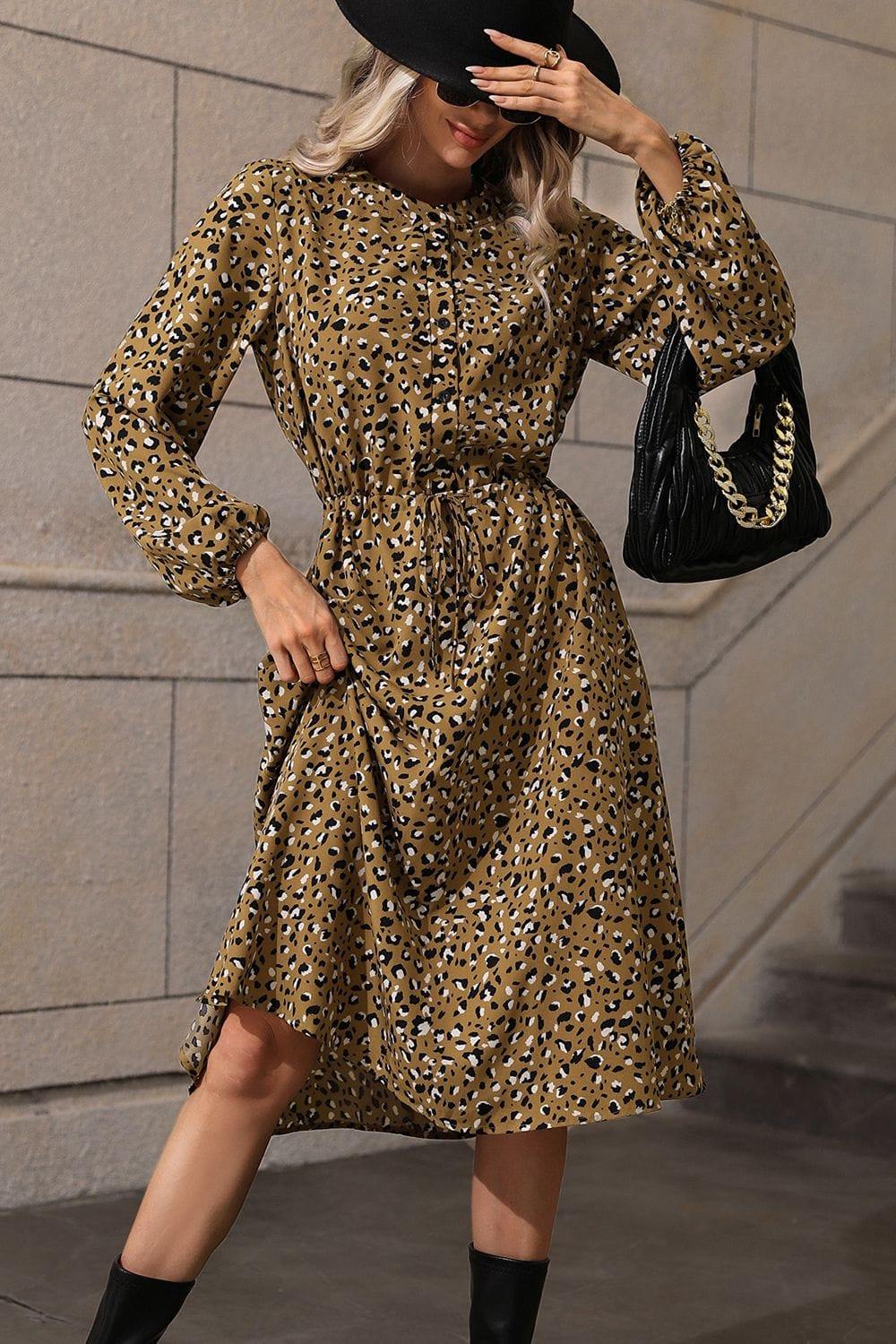 Printed Long Sleeve Midi Dress - Trendsi