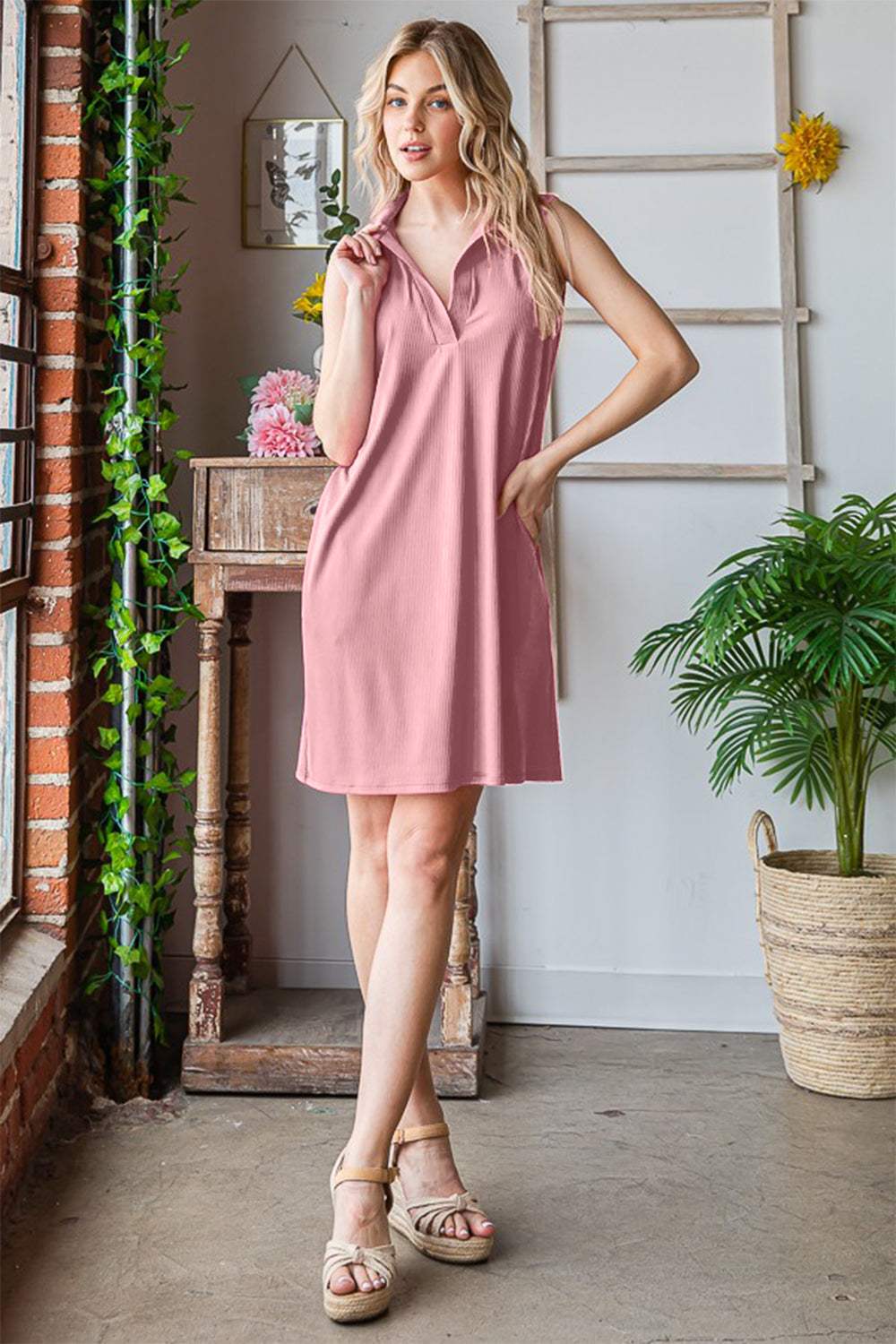 Heimish Full Size Ribbed Johnny Collar Sleeveless Dress - Trendsi - Flyclothing LLC