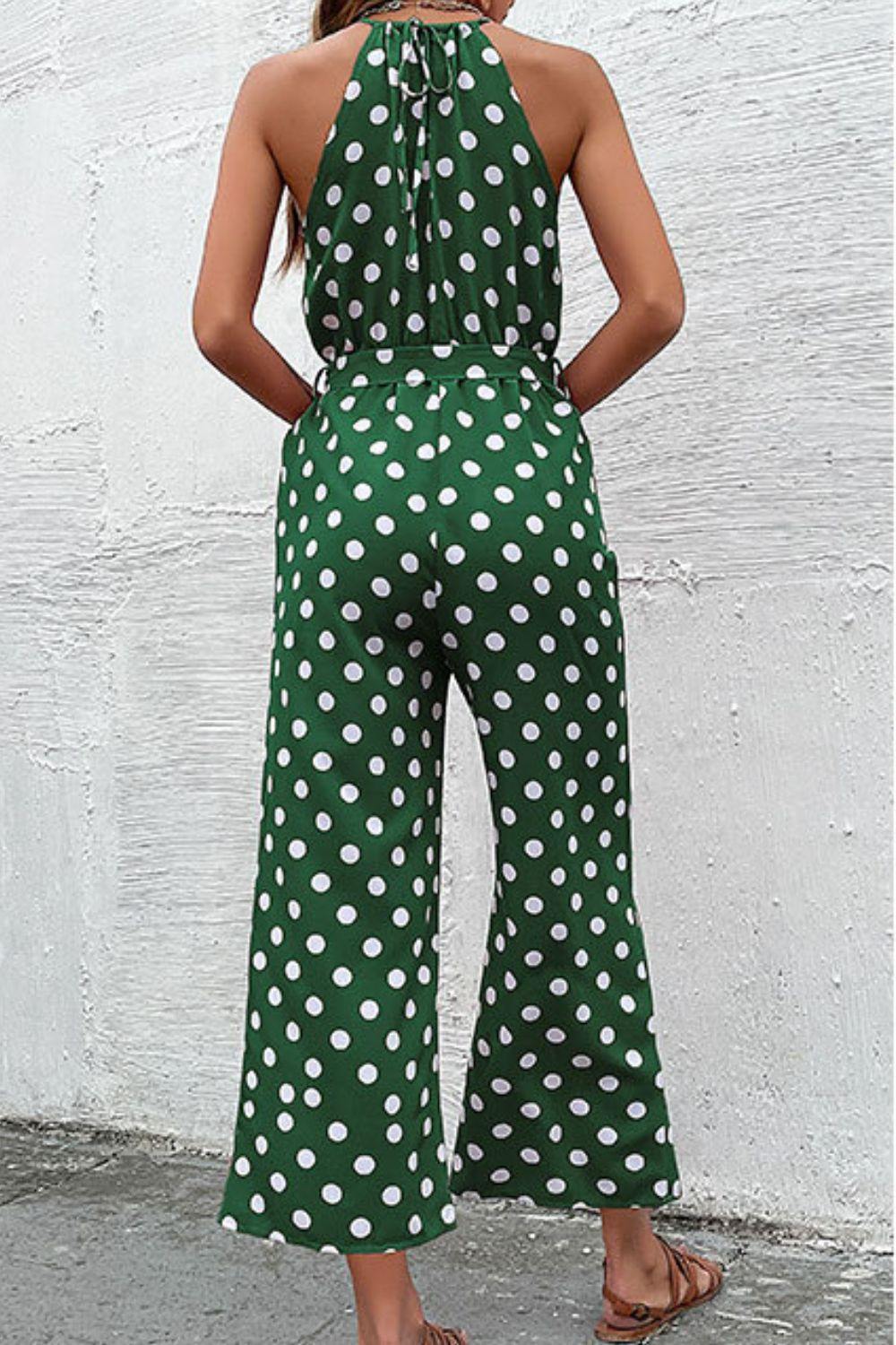 Polka Dot Grecian Wide Leg Jumpsuit - Trendsi