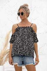 Printed Cold-Shoulder Frill Trim Blouse - Trendsi - Flyclothing LLC