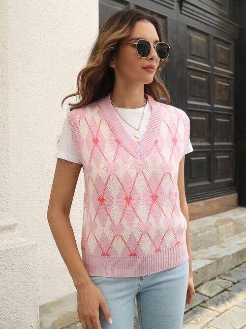 Geometric V-Neck Sweater Vest - Trendsi - Flyclothing LLC