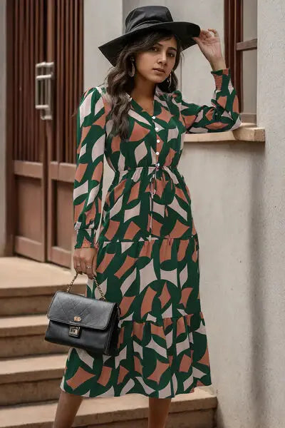 Printed Tied Pocketed Lantern Sleeve Dress - Trendsi - Flyclothing LLC