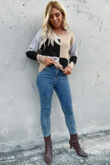 Color Block Ribbed Trim Round Neck Knit Pullover - Trendsi - Flyclothing LLC