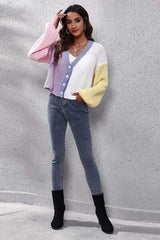 Color Block Button Up V-Neck Knit Top - Trendsi - Flyclothing LLC