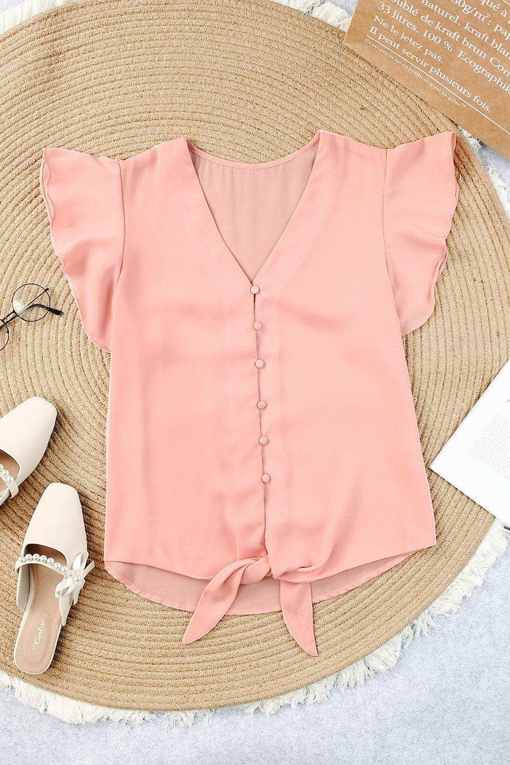 V-Neck Tie Hem Flutter Sleeve Blouse - Trendsi - Flyclothing LLC
