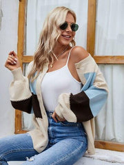 Color Block Button Up Lantern Sleeve Cardigan - Trendsi