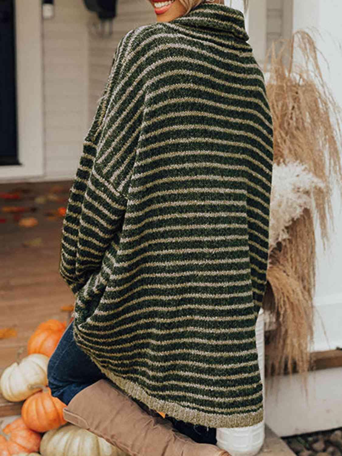 Striped Turtleneck Sweater with Pockets - Flyclothing LLC