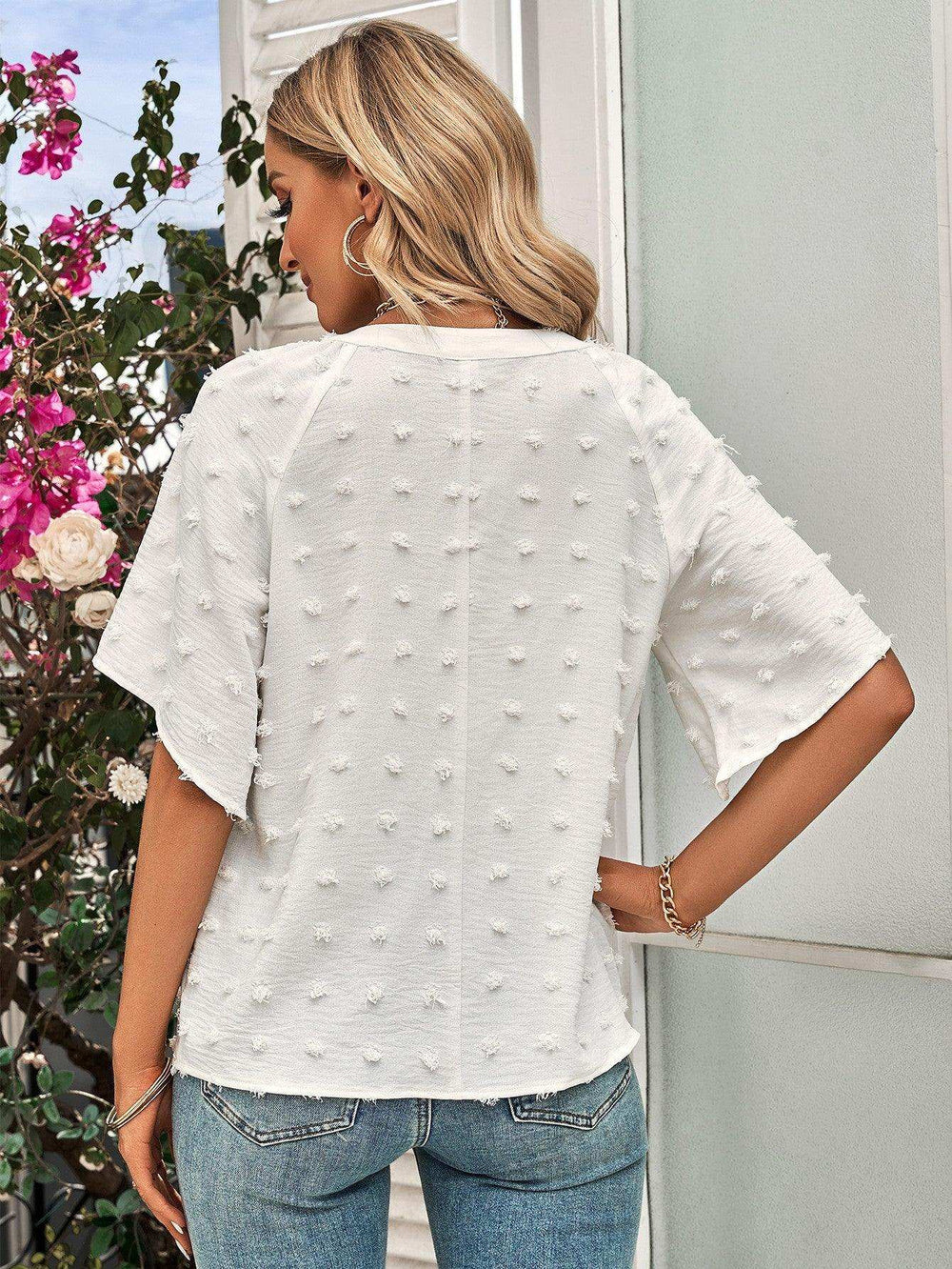 Swiss Dot Notched Neck Flare Sleeve Blouse - Trendsi - Flyclothing LLC