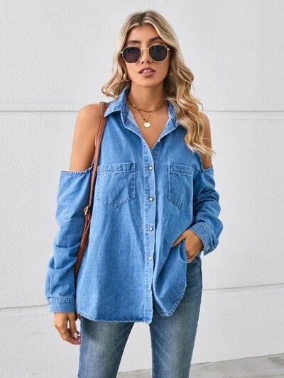 Cold Shoulder Pocketed Button Up Denim Jacket - Trendsi