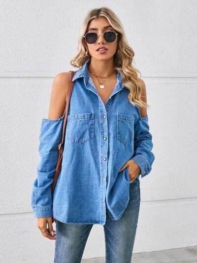 Cold Shoulder Pocketed Button Up Denim Jacket - Trendsi - Flyclothing LLC