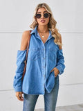 Cold Shoulder Pocketed Button Up Denim Jacket - Trendsi