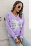 Skeleton Pattern V-Neck Long Sleeve Pullover Sweater - Trendsi