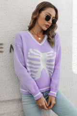 Skeleton Pattern V-Neck Long Sleeve Pullover Sweater - Flyclothing LLC