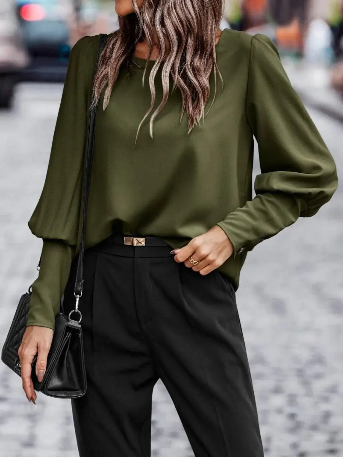 Round Neck Lantern Sleeve Blouse - Trendsi - Flyclothing LLC