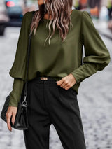 Round Neck Lantern Sleeve Blouse - Trendsi - Flyclothing LLC