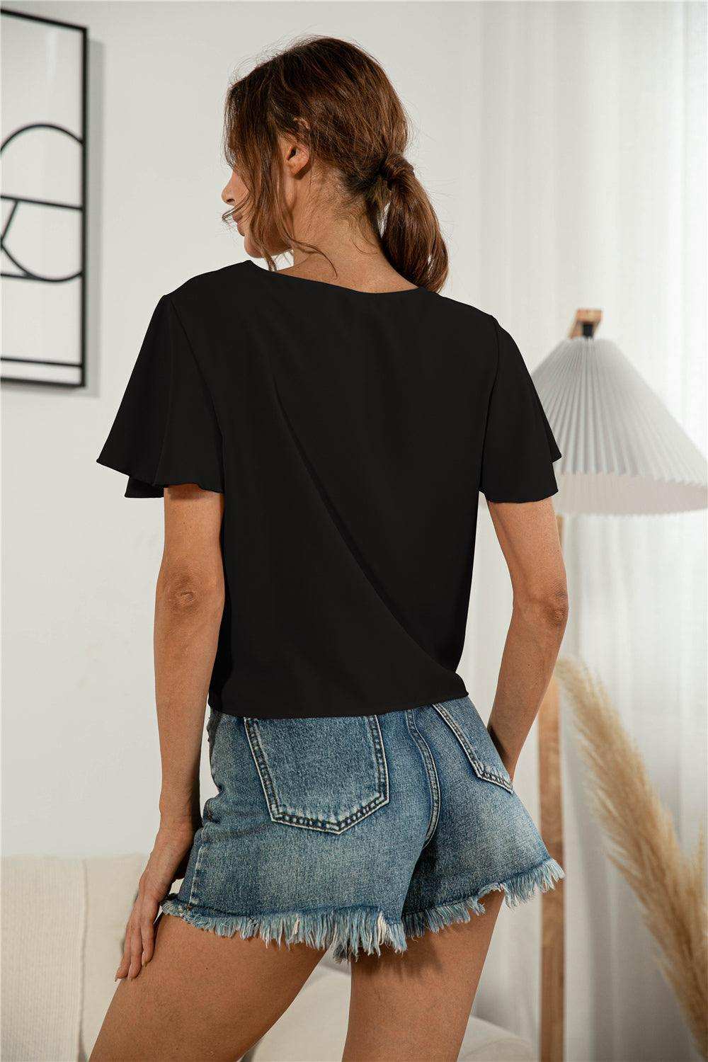 Decorative Button V-Neck Tied Blouse - Trendsi - Flyclothing LLC