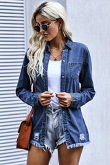 Distressed Snap Down Denim Jacket - Trendsi