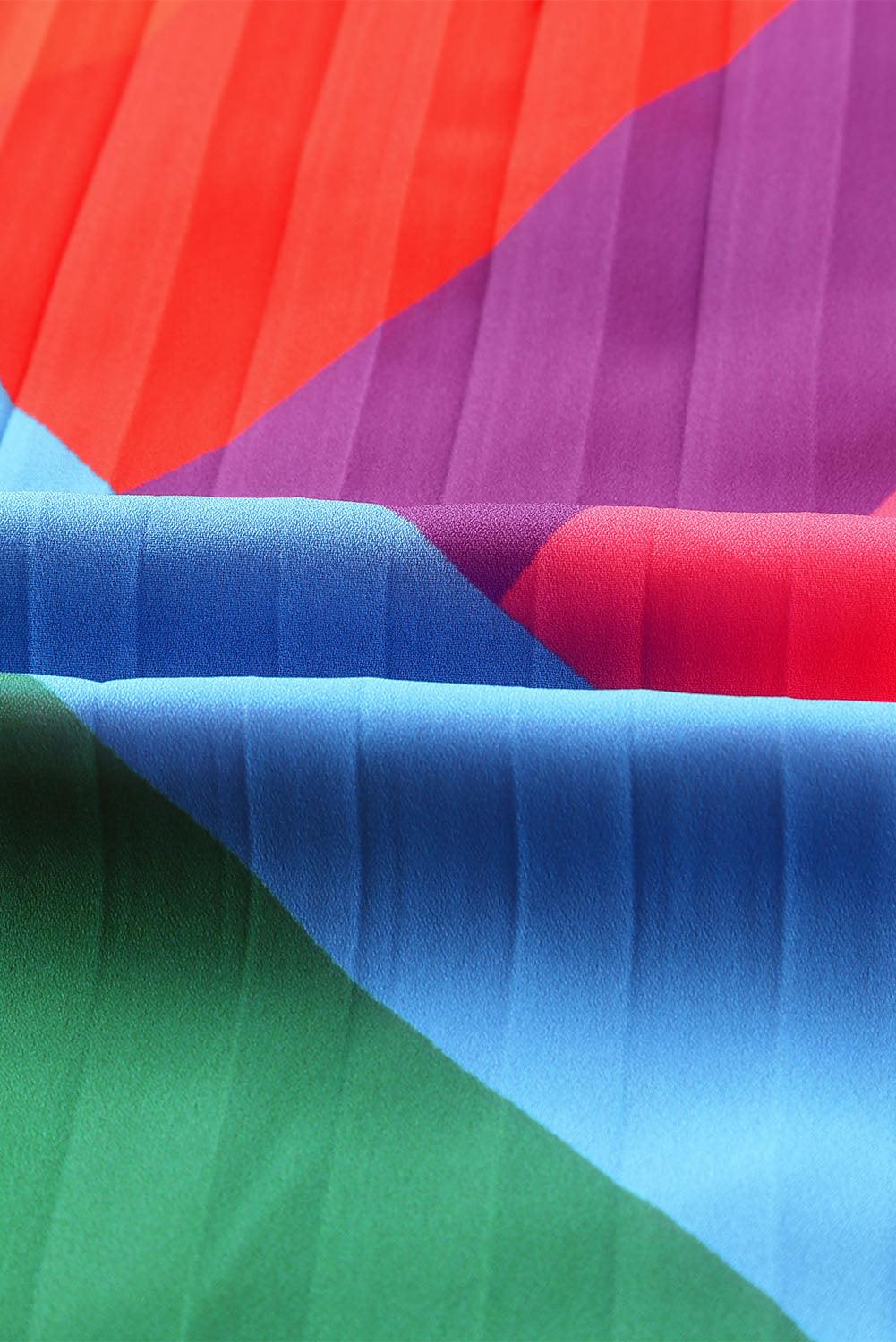 Multicolored Tie-Waist Pleated Balloon Sleeve Dress - Flyclothing LLC