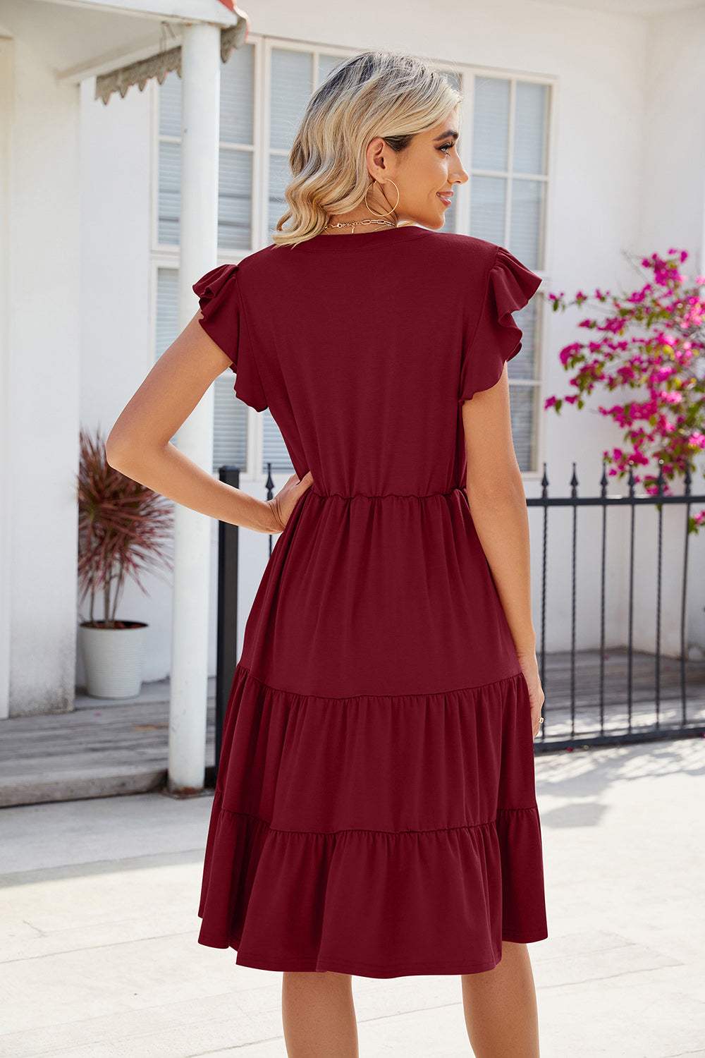 Ruched Notched Cap Sleeve Dress - Trendsi - Flyclothing LLC