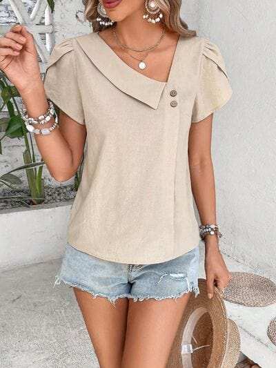 Decorative Button Asymmetrical Neck Blouse - Trendsi - Flyclothing LLC