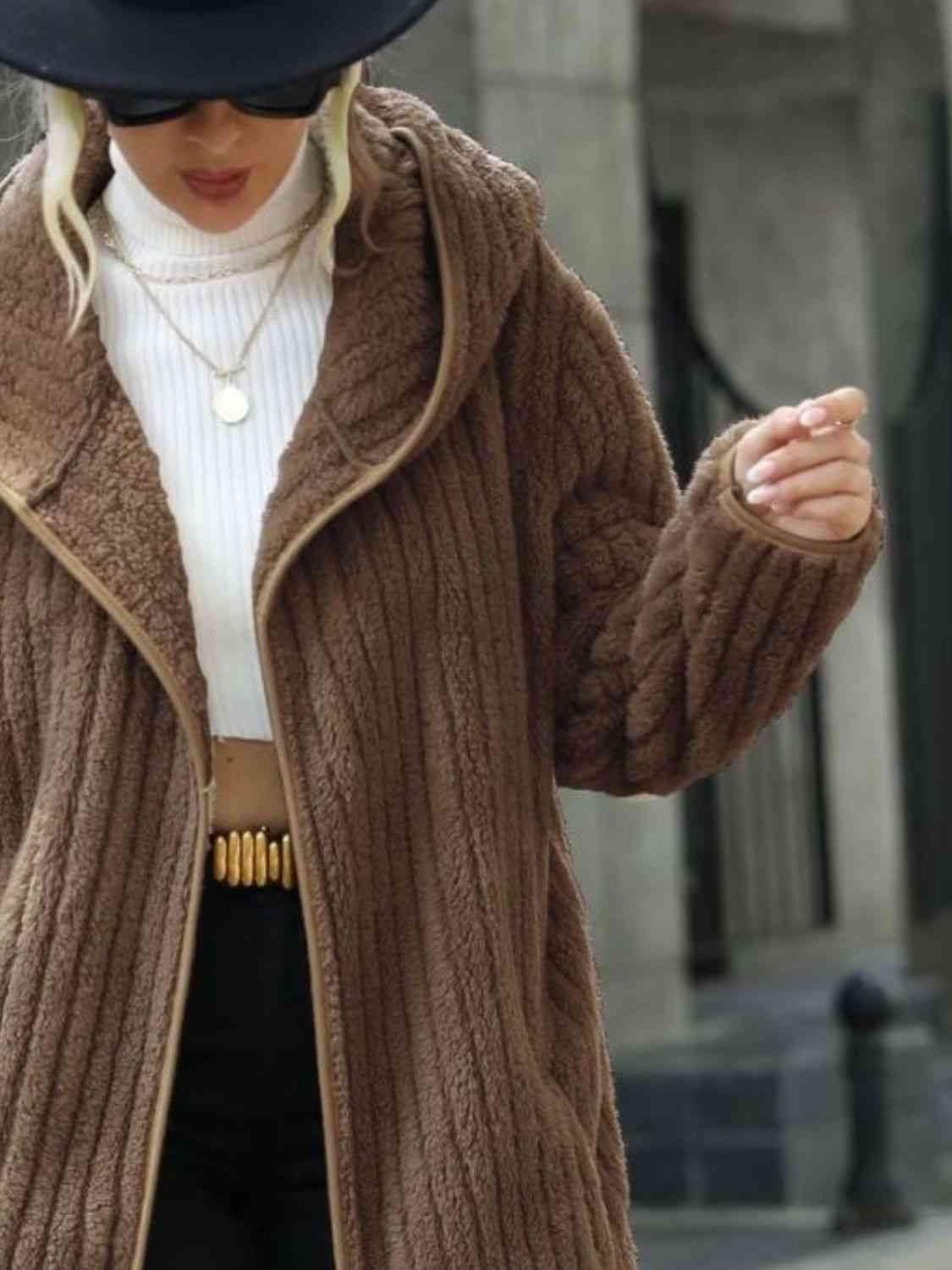 Open Front Ribbed Hooded Coat - Trendsi