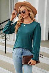 Round Neck Smocked Flounce Sleeve Blouse - Trendsi