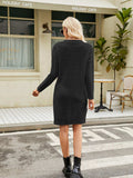 Notched Neck Cable-Knit Slit Sweater Dress - Trendsi - Flyclothing LLC