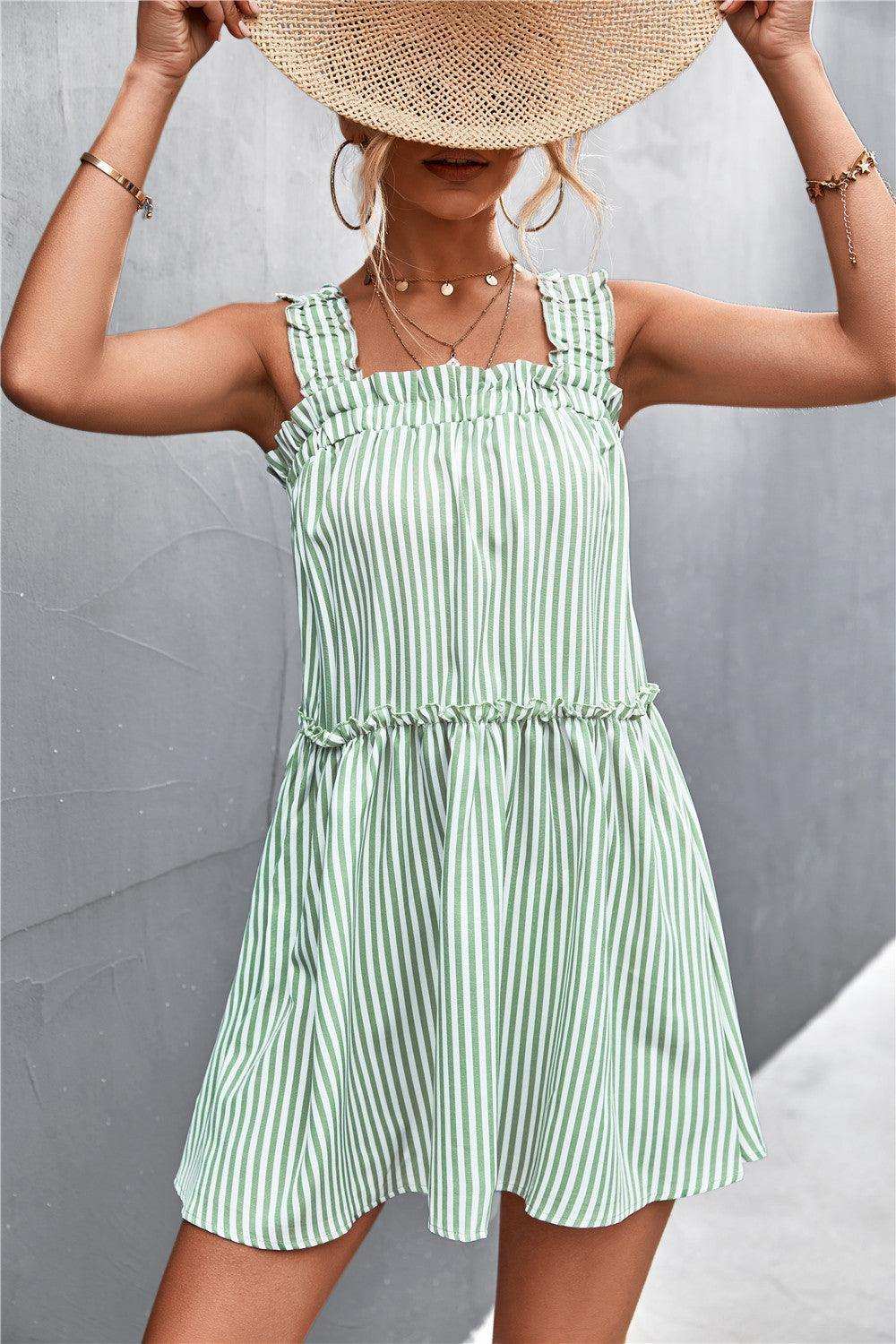 Striped Frill Trim Square Neck Dress - Trendsi - Flyclothing LLC