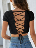 Lace-Up Openwork Square Neck Sweater - Trendsi