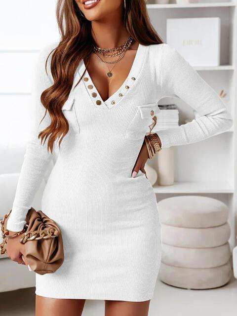 V-Neck Long Sleeve Ribbed Dress - Trendsi - Flyclothing LLC