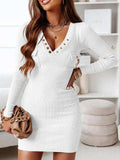V-Neck Long Sleeve Ribbed Dress - Trendsi - Flyclothing LLC
