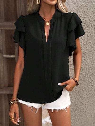 Ruffled Notched Short Sleeve Blouse - Trendsi - Flyclothing LLC