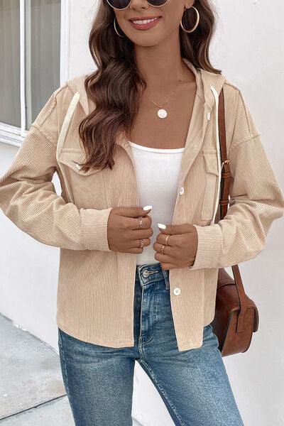 Ribbed Button Up Drawstring Hooded Jacket - Trendsi