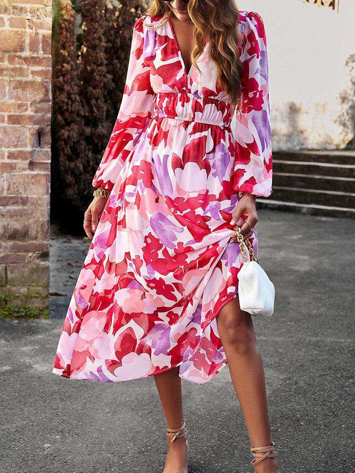 Printed V-Neck Long Sleeve Midi Dress - Trendsi - Flyclothing LLC