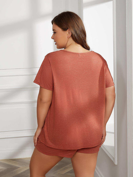 Plus Size Round Neck Short Sleeve Two-Piece Loungewear Set - Trendsi - Flyclothing LLC