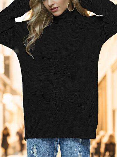 Turtleneck Drop Shoulder Long Sleeve Sweater - Trendsi - Flyclothing LLC
